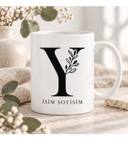Kişiye Özel Baş Harf ve İsim Yazılı Botanik Dal Motifli Y Harfli Seramik Kupa Bardak