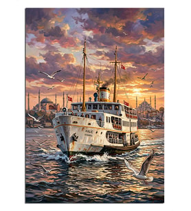 Boğaz Vapuru Gün Batımı İstanbul Dekoratif Kanvas - Mdf Ahşap Tablo