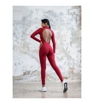Bordo Sırtı Açık Uzun Kollu Spor Tayt Tulum