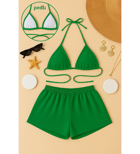 Kadın Yeşil Şortlu Belden ve Boyundan Bağlamalı Bikini Takımı