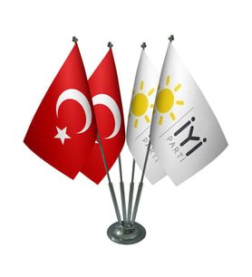 Masa Üstü İyi Parti Bayrağı Türk Bayrağı Dörtlü Krom Direk Masa Bayrak Seti