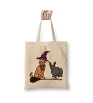 Halloween Dog & Cat Witch Animal Friends Beyaz Bez Çanta Uzun Saplı Alışveriş Çantası Plaj Çantası