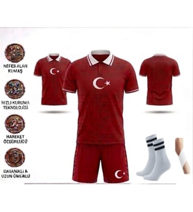 Türkiye Euro 2026 Milli Takım Polo Yaka Kırmızı-Beyaz Çocuk Futbol Forması Özel Tasarım Forma 4 Parça Forma+Şort+Çorap+Bileklik (Kody4)
