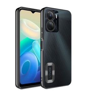 Vivo Y16 Kılıf Logo Yeri Açık Kamera Lens Korumalı Renkli Kenarlı Şeffaf Silikon (Siyah)