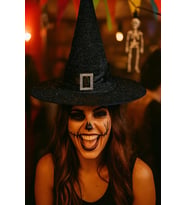 Hallowen cadı şapkası tokalı kemerli simli SİYAH