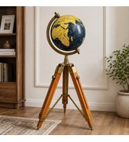 Ahşap Tripod Ayaklı Dekoratif Dünya Küre Gold Metal Detaylı Şık ve Klasik Tasarım Ev Ofis Dekoru