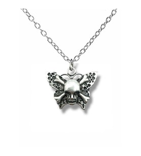 Skull and Butterfly Figürlü Unisex Kolye  Kuru Kafa ve Kelebek Tasarım  Gotik Tarz 60 cm Zincir (Gümüş)