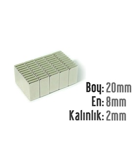 Neodyum Mıknatıs Köşeli  20x8mm , Kalınlık 2 mm ( 3 Adet)