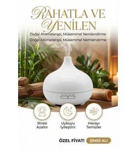 Rahatlatıcı Aroma Difüzörü ve Gece Işığı, 7 LED, Hava Nemlendirici, Kumandalı, 500 ml