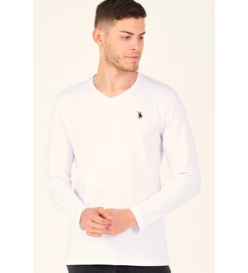 T8587 DEWBERRY V YAKA ERKEK UZUN KOL T-SHIRT-AÇIK BEYAZ