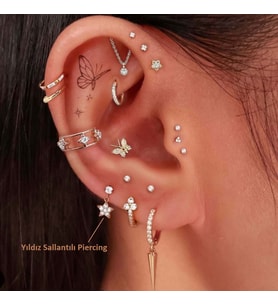 Cerrahi Çelik Yıldız Sallantılı Piercing Helix Kıkırdak Gold Renk (Çok Renkli)