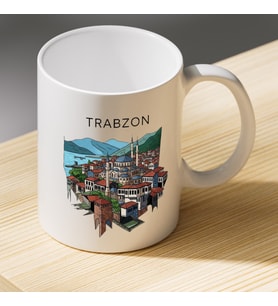Trabzon Yazılı Şehir Silüeti Baskılı Porselen Kupa - Memleket Temalı Hediyelik Kupa