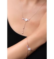 Papatya Silver 925 Ayar Gümüş Zincir Sallantılı Taşlı Sedef Manolya Çiçeği Kolye Ve Bileklik Set (Rose)