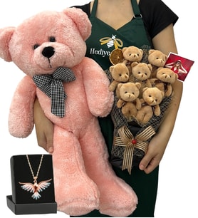 Fotoğraflı 7'li Peluş Ayıcık Buketi, Renkli Anka Kuşu Kolye ve Pembe Peluş Ayıcık (Model 2)