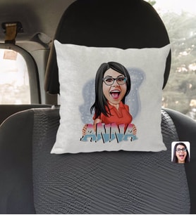 BK Gift Kişiye Özel İsimli Kadın Karikatürlü Kare Araç Koltuk Yastığı-1