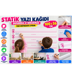 Kılavuz Çizgili Akıllı Kağıt Yazı Tahtası Duvarda İz Bırakmaz Statik Yeni Müfredata Uygun 100x56cm