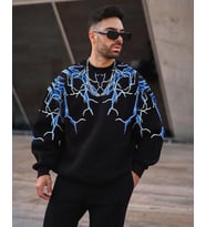 Erkek Yıldırım Baslılı Bisiklet Yaka 3 iplik pamuklu Sweatshirt - Siyah