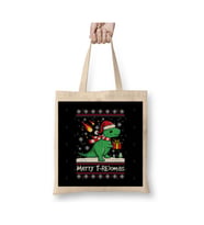 Merry T Rex christmas Knit Yılbaşı Beyaz Bez Çanta Uzun Saplı Alışveriş Çantası