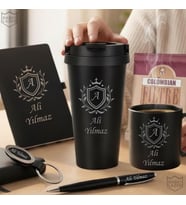 İsme Özel Premium Tasarım Erkek Kadın Hediye Seti - Çelik Termos,  Kupa Bardak, Defter, Kalem, Anahtarlık , Kahve