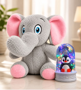 Renkli Led Işıklı Penguenli Fanus ve Sevimli Peluş Fil Hediye Seti