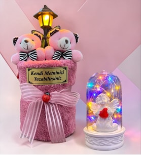 Size Özel Sokak Lambalı Peluş Ayıcık Buketi ve Renkli Işıklı Beyaz Melekli Fanus Seti