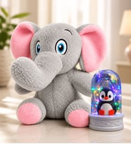 Renkli Led Işıklı Penguenli Fanus ve Sevimli Peluş Fil Hediye Seti