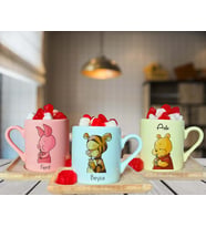 Winnie The Pooh Arkadaş Tasarımlı Pembe - Yeşil - Sarı Ahşap Tabaklı Kişiye Özel Türk Kahvesi Fincanı Seti