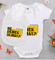 BK Kids Ne Demek Olmay Tasarımlı Beyaz Bebek Body Zıbın ve Mama Önlüğü Hediye Seti-1