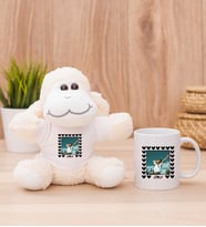 Kişiye Özel Kalp Detaylı Fotoğraflı  Peluş Koyun ve Beyaz Kupa