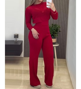 Kadın Uzun Kollu Yuvarlak Yaka Transparan Detaylı Triko Bluz Ve Pantolon Ikili Takım