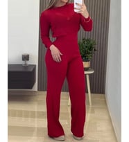 Kadın Uzun Kollu Yuvarlak Yaka Transparan Detaylı Triko Bluz Ve Pantolon Ikili Takım