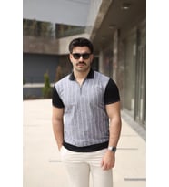 Erkek Polo Yaka Fermuar Detaylı Çizgili Tişört