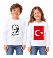 Atatürk ve Türk Bayrağı Çift Yönlü Payetli Sihirli Uzun Kollu Çocuk Tişörtü Beyaz