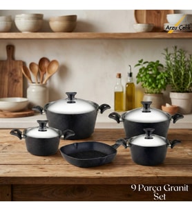 ARZU ÇELİK 9 Parça Granit Set Çelik Kapak - Siyah
