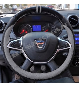 Dacia Duster Dikme Direksiyon Kılıfı Parlak Siyah Gri Detaylı Gri Çift Yüzük ve Dikiş 2018-2021