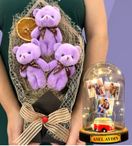 Sizlere Özel Led Işıklı Fanus ve Büyük Boy Mor Peluş Ayıcık Buketi - Premium Hediye Seti (Model 6)
