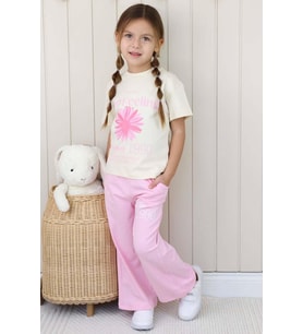 Kız Çocuk Üzeri Papatya Detaylı Ve Feeling Baskılı T-shirt Pembe Salaş Pantolon