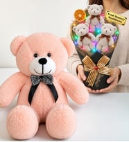 Kişiye Özel Yazılı Gri Renkli LED Işıklı Peluş Ayıcık Buketi ve 50 cm Pembe Peluş Ayıcık Hediye Seti