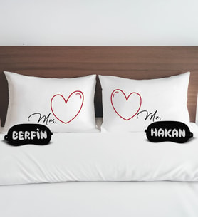 BK Gift Kişiye Özel Sevgili Tasarımlı Pamuklu Yastık Kılıfı ve Göz Bandı Çift Uyku Seti-10, Tasarım Ev Tekstili, Uyku Bandı, Ev Hediyesi