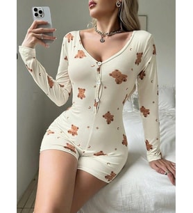 PamukluEkru Ayıcık Desenli Düğmeli Tulum Pijama (Karışık)