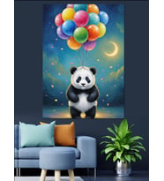 Balonla Uçan Panda Resmi Dekoratif Kanvas - Mdf Ahşap Tablo