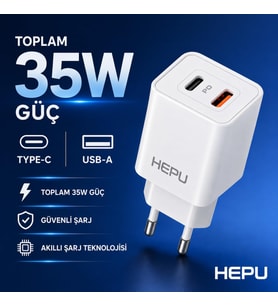 Lexroo HP-C39 35W USB-C GaN Hızlı Şarj Adaptörü – Type-C Kablo Dahildir Yüksek Verim ve Düşük Isı