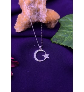 Büyük Boy Ay Yıldız Model Zirkon Taşlı 925 Ayar Gümüş Kolye