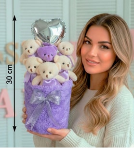 Anneler  Gününe ÖZEL: Deluxe Lila Peluş Silindir Kutuda, Kalpli Balonlu 6’lı Lila Ayıcık Buketi - Anneye Hediye