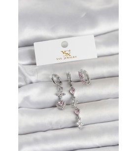 Pirinç Gümüş Renk Pembe Zirkon Taşlı 3'lü Kadın Küpe - TJ-BKP11706