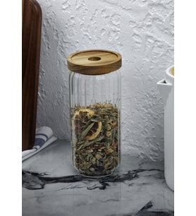 Timber Cam Kavanoz - Çizgili Saklama Kavanozu - Ahşap Kapaklı, 950 ML