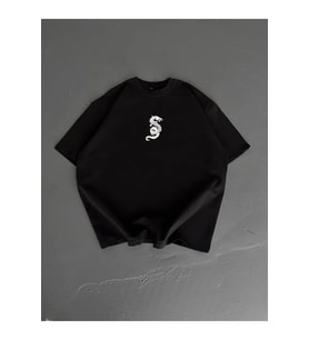 Baskılı Oversize Bisiklet Yaka T-shirt - Siyah