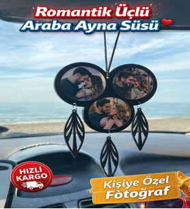 Kişiye Özel 3 Fotoğraflı MDF Araba Dikiz Aynası Süsü - Lazer Kesim Ahşap Aksesuar
