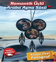 Kişiye Özel 3 Fotoğraflı MDF Araba Dikiz Aynası Süsü - Lazer Kesim Ahşap Aksesuar