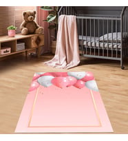 Balon Desen Gold Çerçeveli Dijital Baskı Yıkanabilir Kaymaz Taban Pembe Genç Kız Çocuk Odası Halısı